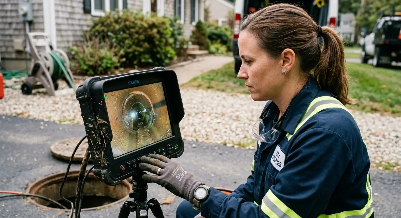 Technician reviewing sewer camera inspection footage in Rayne
