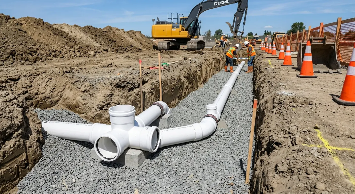New PVC sewer pipe installation in open trench for Grease Trap Cleaning in Rayne