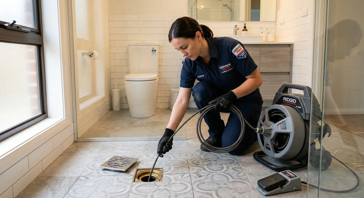 Technician clearing a bathroom floor drain for Sewer Line Installation in Rayne